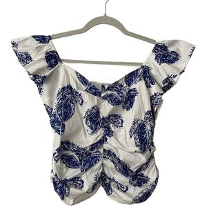 Ruched Blouse in Blue and White Paisley